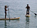 two people, a man and a woman, on paddle boards